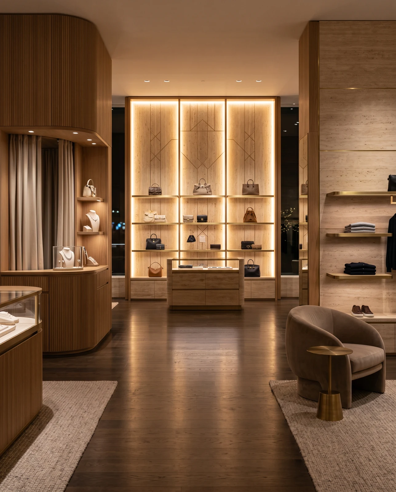 Residential & Retail — warm-lit luxury boutique interior at evening
