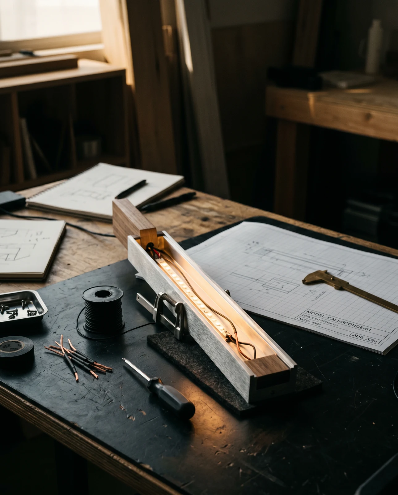 Custom LED sconce in mid-assembly on a workbench with technical drawings