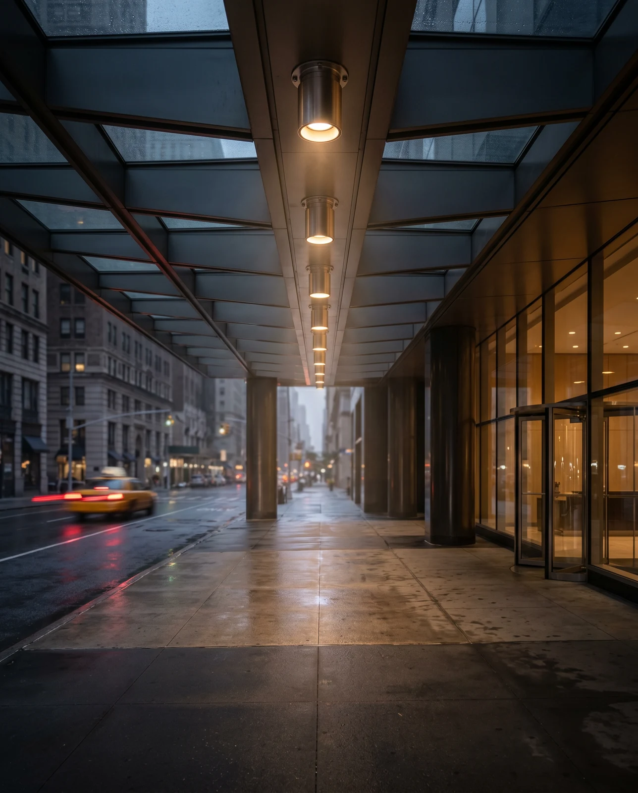 Custom outdoor downlights installed at a Manhattan hotel porte-cochère at evening, wet pavement, taxi streak
