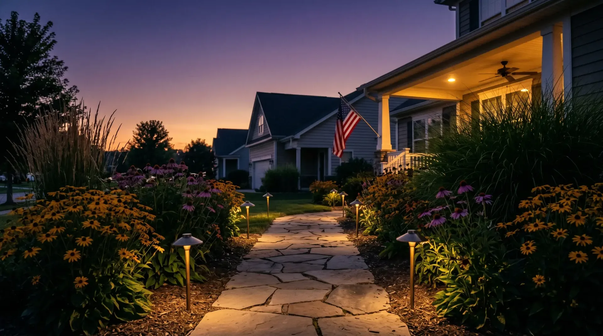 Suburban front-yard at twilight — stone walkway lined with warm path lights leading to an American porch with U.S. flag, black-eyed Susans and coneflowers framing the path
