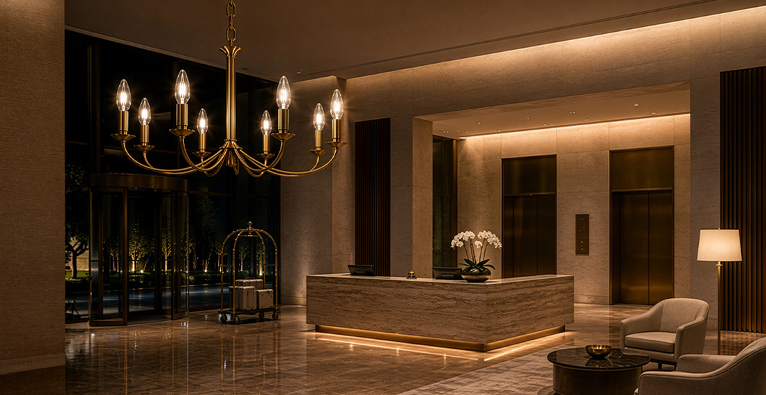 The Knoll B10 blunt-tip candelabra LED filament lamp lit in a decorative chandelier