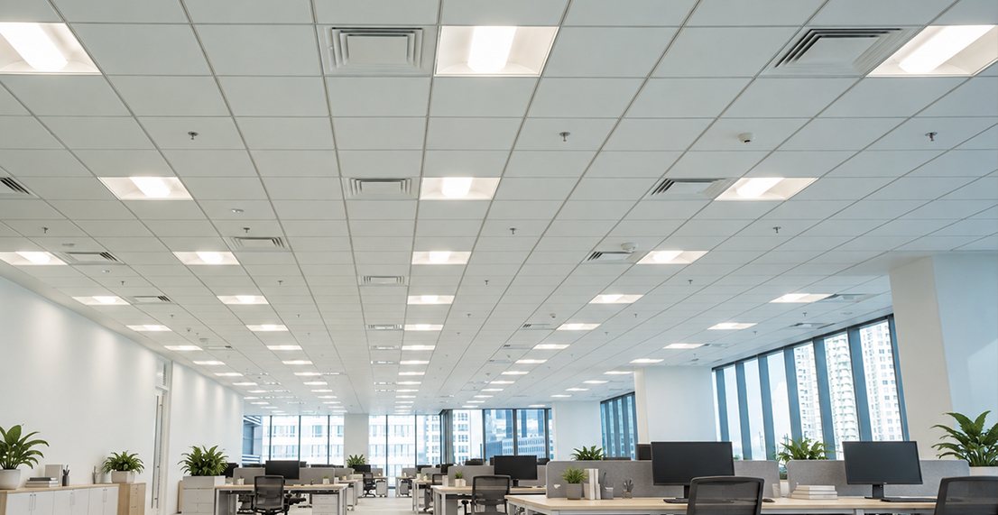 Open-plan office lit by recessed LED troffers in a lay-in grid ceiling