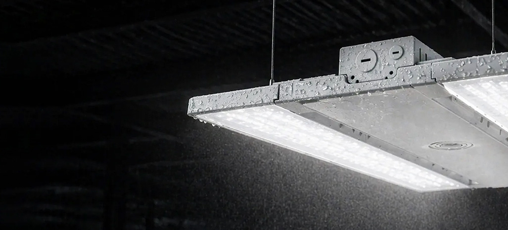 Titan Series linear high-bay fixture details and beam-optic options