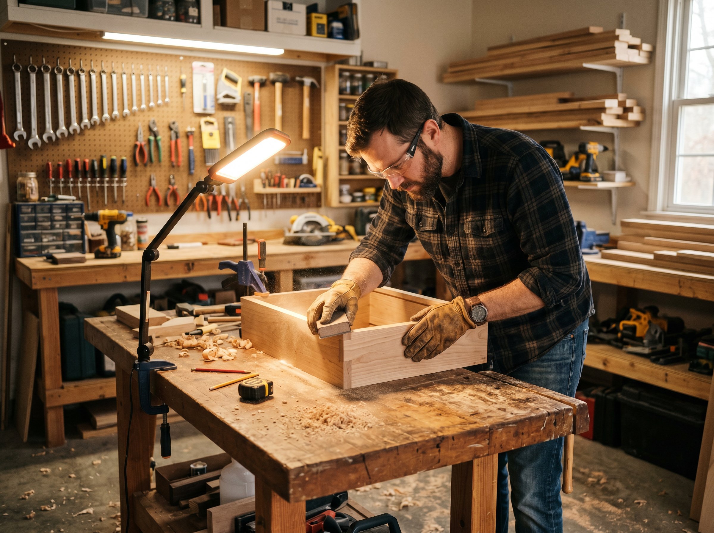 Contractor using bright task light in a workshop with tools and workbench