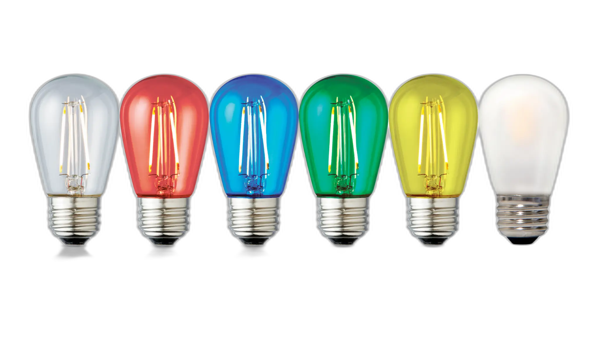 The Marshall S14 family — clear, red, blue, green, yellow, frosted S14 LED string light bulbs