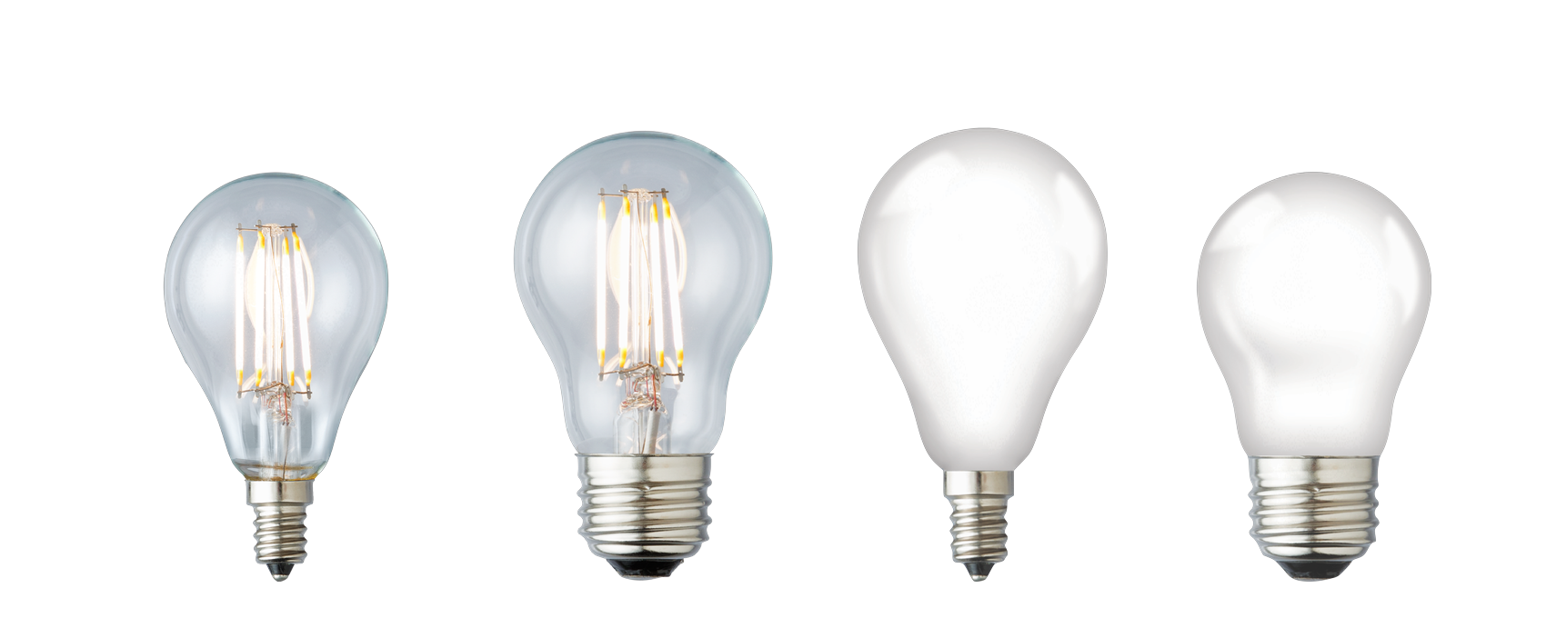 The Saarinen A15 family — LTA15C12, LTA15C26, LTA15F12, LTA15F26 — clear and frosted A15 LED lamps with E12 and E26 bases
