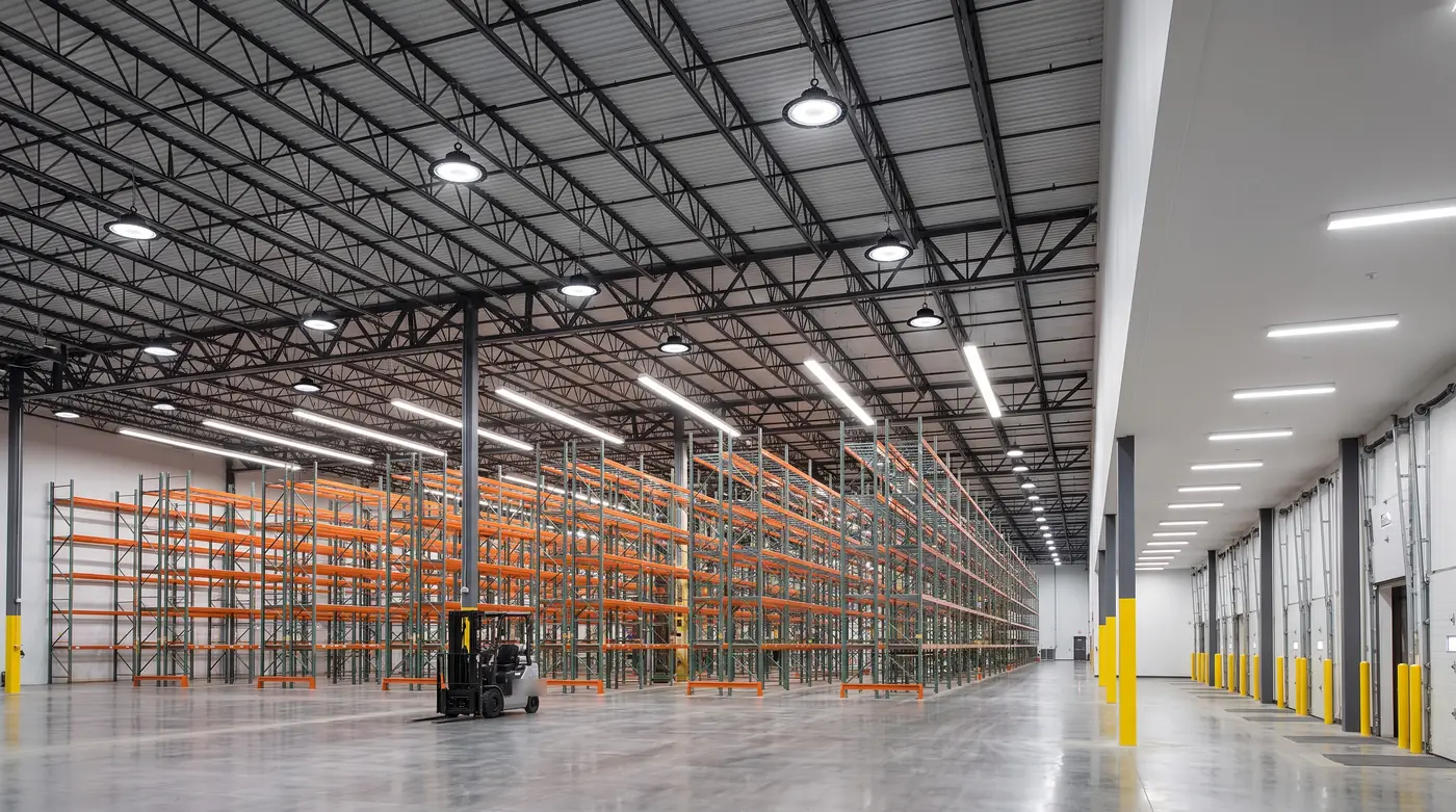 A distribution warehouse with round and linear high bays hung at the same height under the roof, and strip lights along the dock corridor
