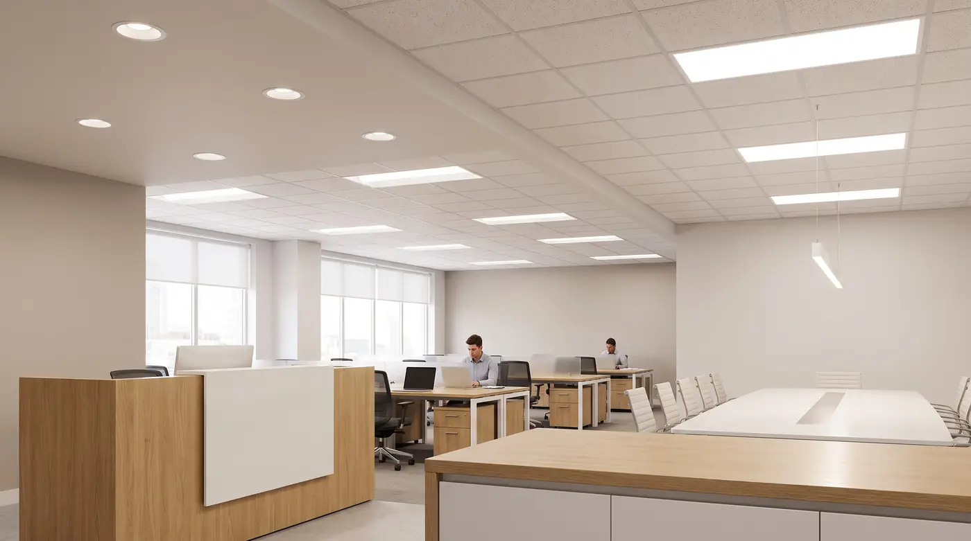 An open office with recessed downlights over reception, troffers and flat panels in the grid ceiling and a suspended linear light