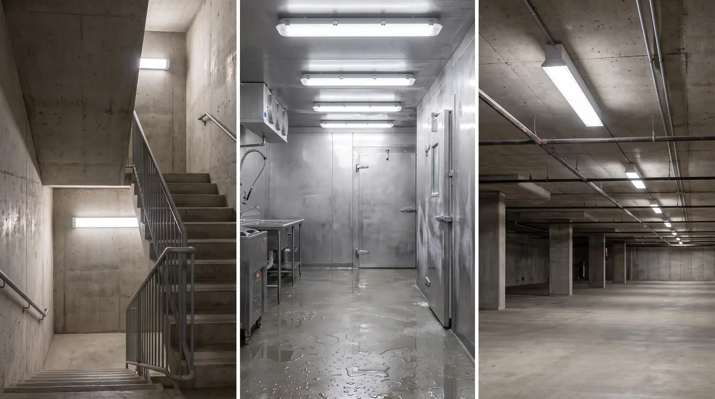 Three rooms: a concrete stairwell with wraparound lights, a wash-down cold room with vapor-tight lights and a garage with strip lights