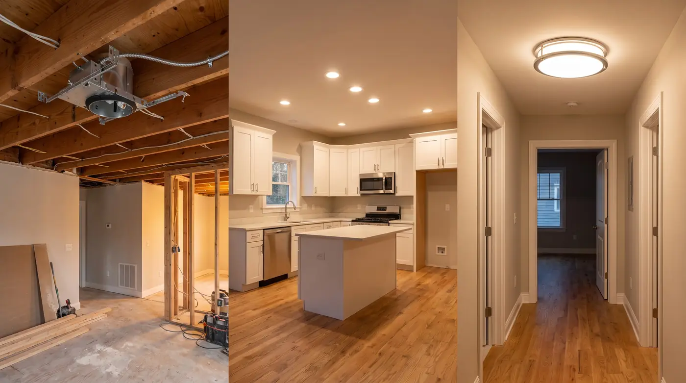 An apartment under renovation: a housing can between open joists, downlights over the kitchen island and a flushmount in the hall