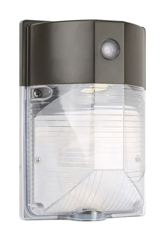 LWPE Wedge — ECO egress-ready entryway wall pack with built-in EM, switchable photocell, dark bronze finish, distinctive wedge silhouette