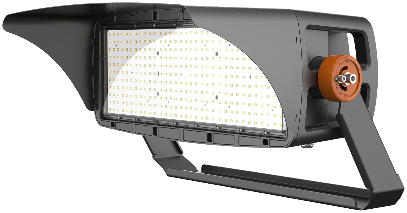 LSPL Illuminator — PRO single-product broadcast-grade sports floodlight for stadium and high-mount applications at 100+ ft pole heights · 600W or 800W · NEMA 1/3/4/5 distributions · 116,000 lm peak · CRI >70 · 10-year / 100,000-hour LSPL family warranty · TAA-Compliant variant available