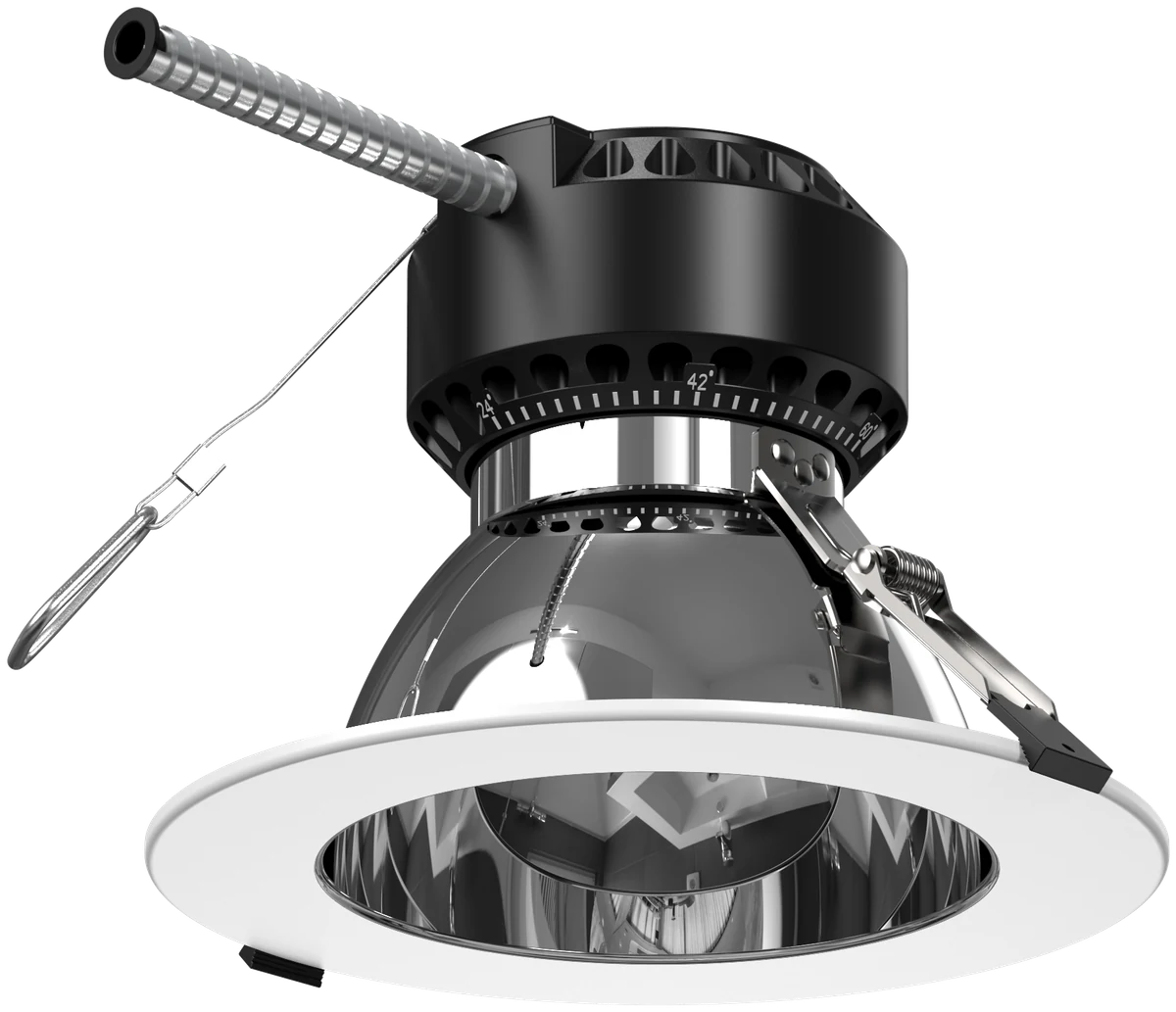 LCDL Astra — spec-grade adjustable architectural commercial downlight in bright silver + white finish · the canonical ambient companion to Trackstar in boutique-retail and gallery installations