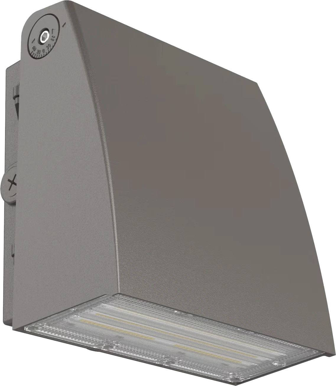 luxoⒶRCH Atlanta — PRO adjustable wall pack with WATTSELECT × CCTSELECT field-set DIPs and integrated photocell standard, dark bronze finish, the perimeter wall fixture pairing for Aura cylinder facade lighting