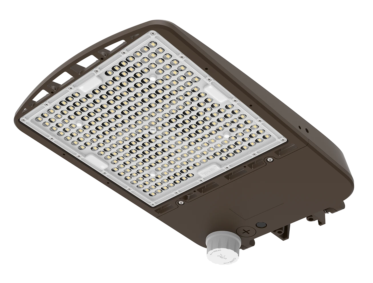 luxoⒶRCH Heritage — ECO contractor-grade shoebox area light, 70-300W field-set across 2 housings, dark bronze finish, the parking-lot pole-top pairing for Aura cylinder facade lighting