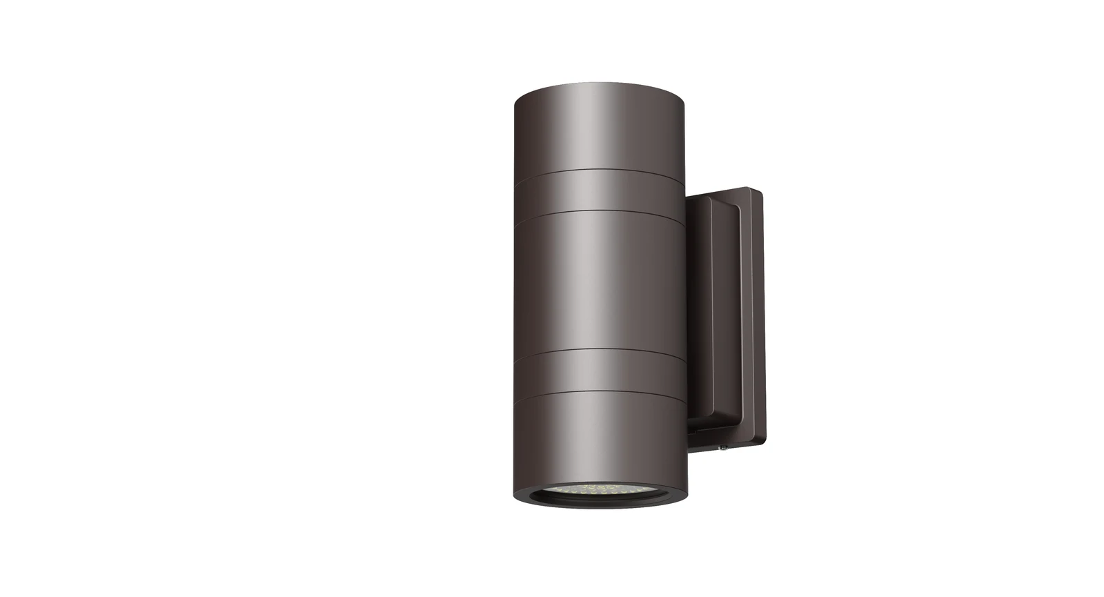 Aura Series — side profile view showing cylindrical housing and wall bracket assembly