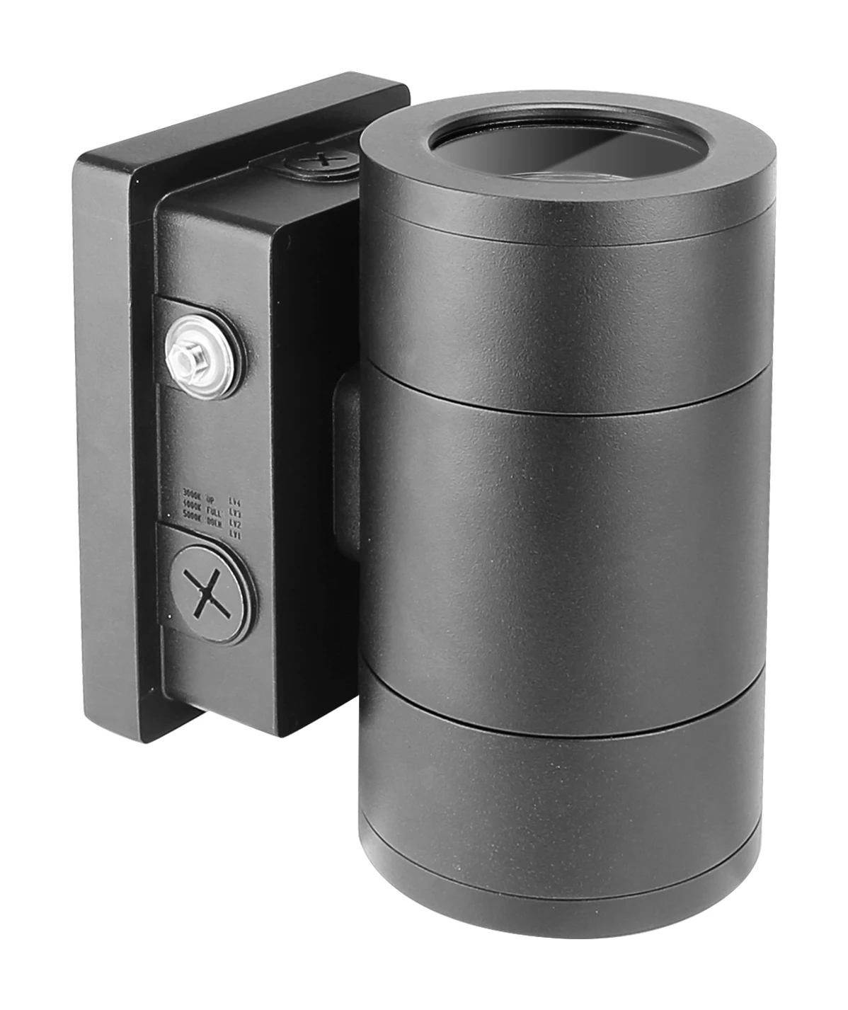Aura Series — environmental context shot, cylinder sconce installed on exterior wall