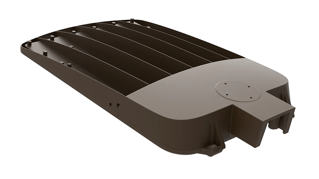 Heritage Series — detail of the die-cast hinge driver access panel and 3-position WATTSELECT plus 3-position CCTSELECT field-set DIP switches