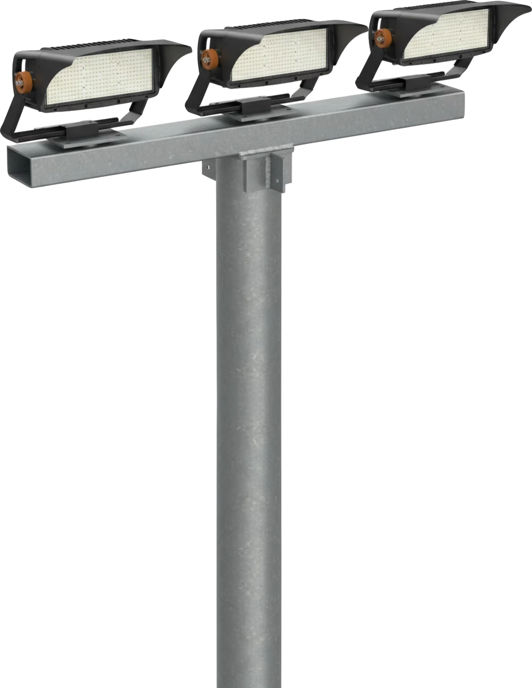 Illuminator — three-luminaire array on a stadium pole crossarm