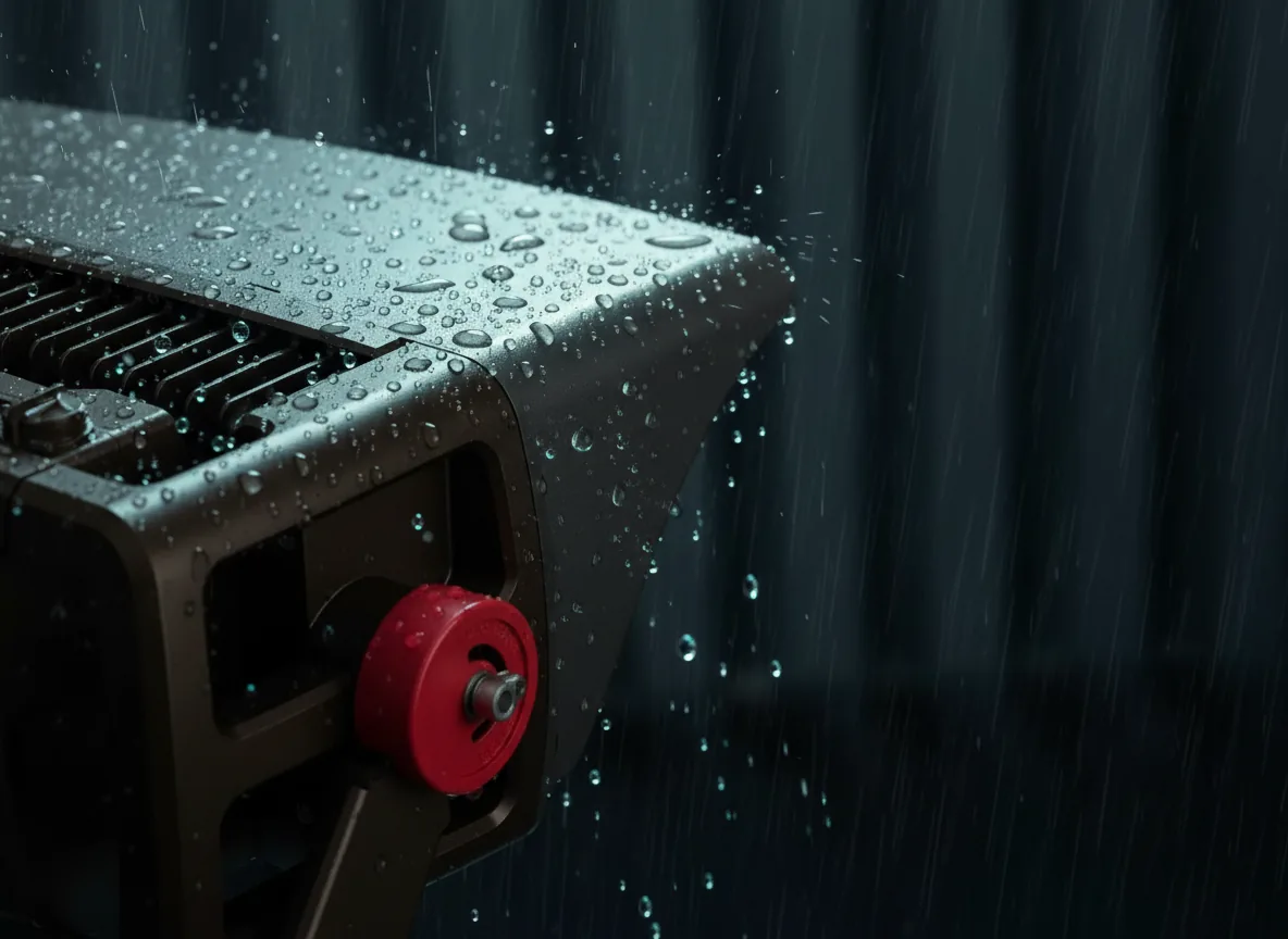 Macro shot of water beading on the heat-sink fins of an Archipelago Illuminator luminaire in the rain — IP65 weatherproof construction