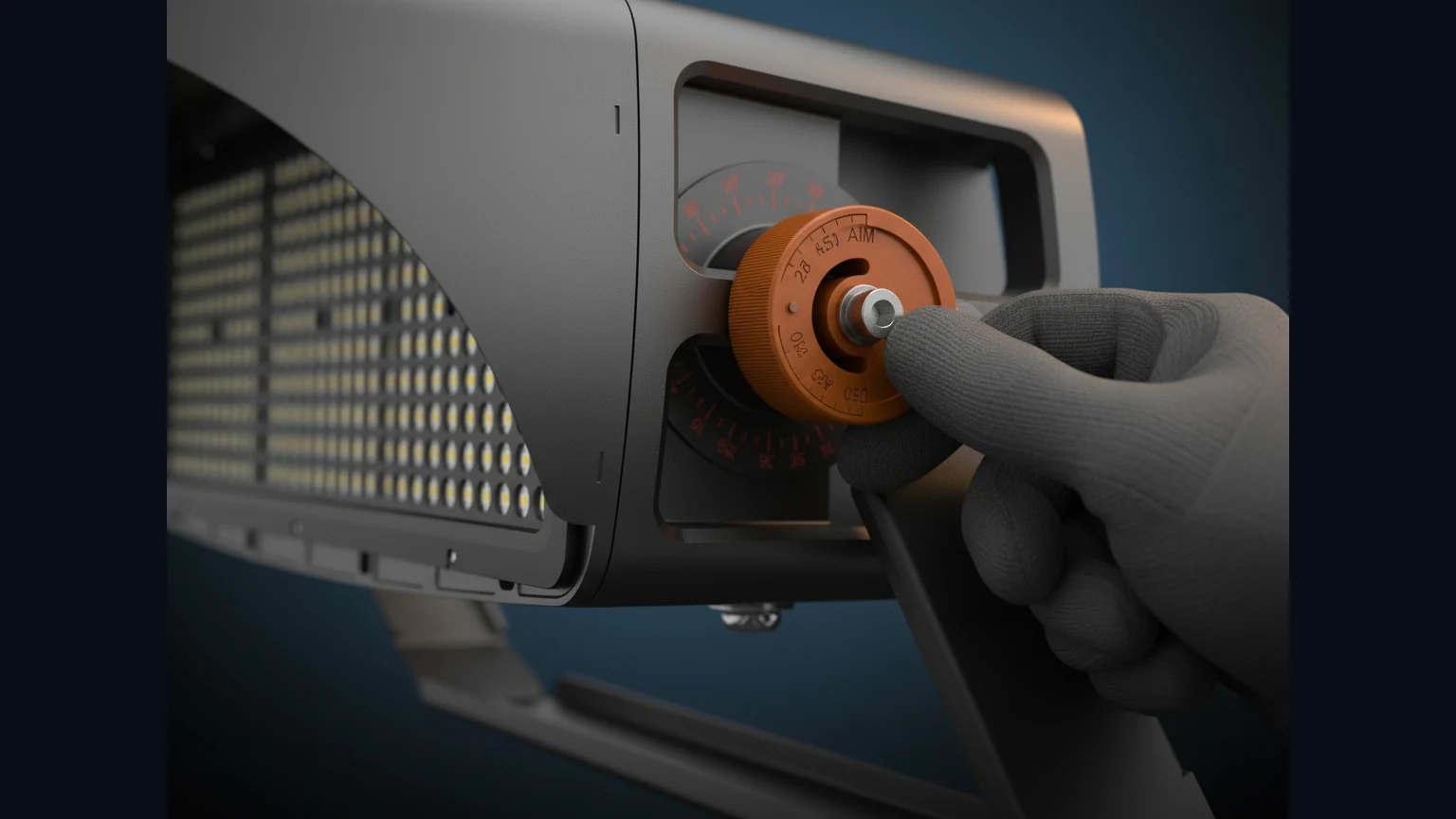 Macro of the powerⒶIM hinge — brand-red anodized pivot knob with AIM wordmark, laser-engraved degree tick marks, gloved hand operating the lock release