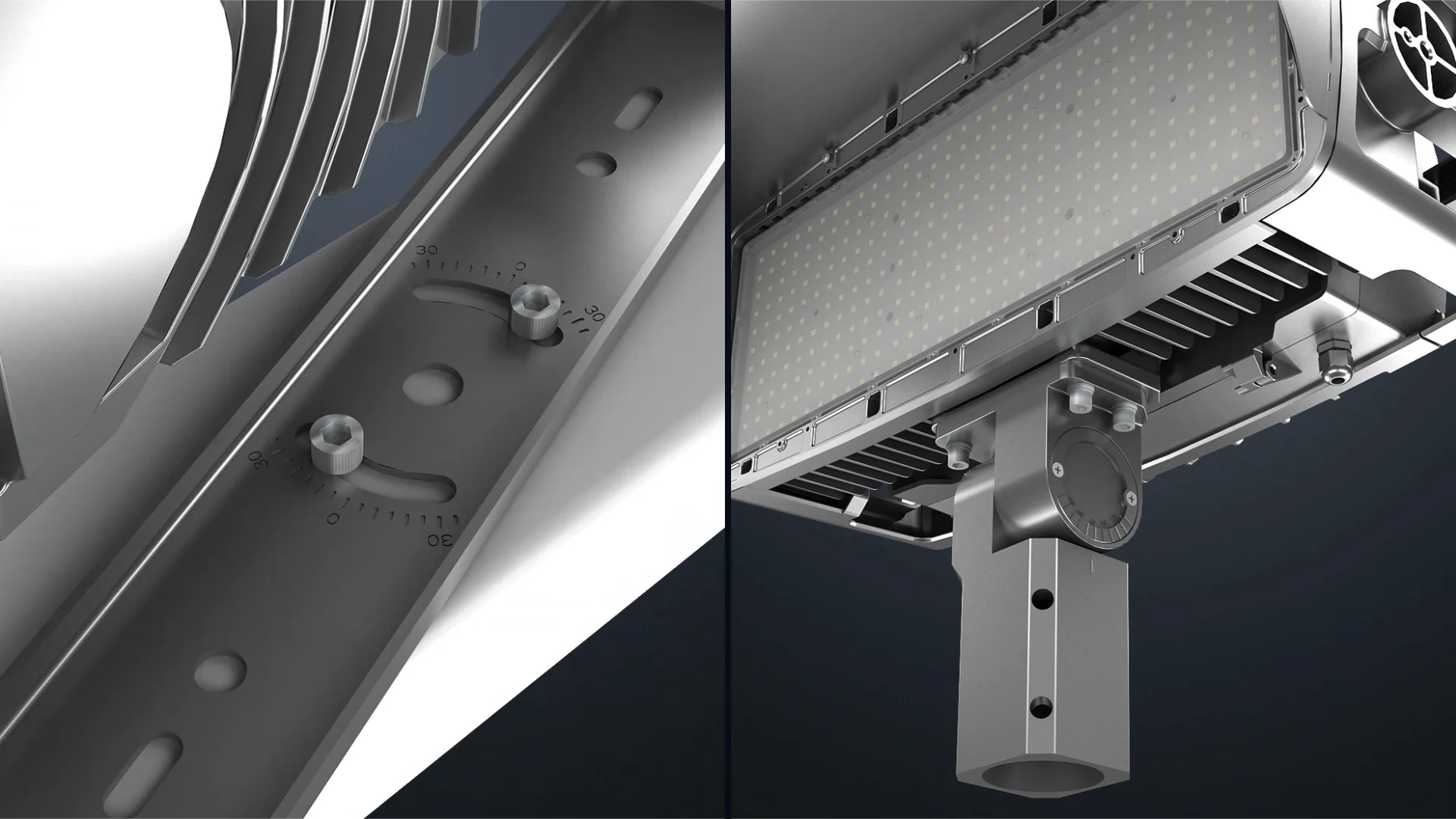 Four-frame storyboard — angle-scale precision macro, fixture aimed on slip-fitter, fixture mounted on pole tube, full 24-fixture stadium array — telling the trunnion-or-slip-fitter mount story end to end