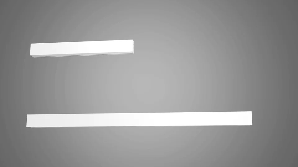 Two horizontal bars of light suspended in negative space — the dominant lower bar represents 80-percent downward task illumination, the subtle upper bar represents 20-percent upward indirect ceiling wash, demonstrating directⒶIM dual-emit distribution