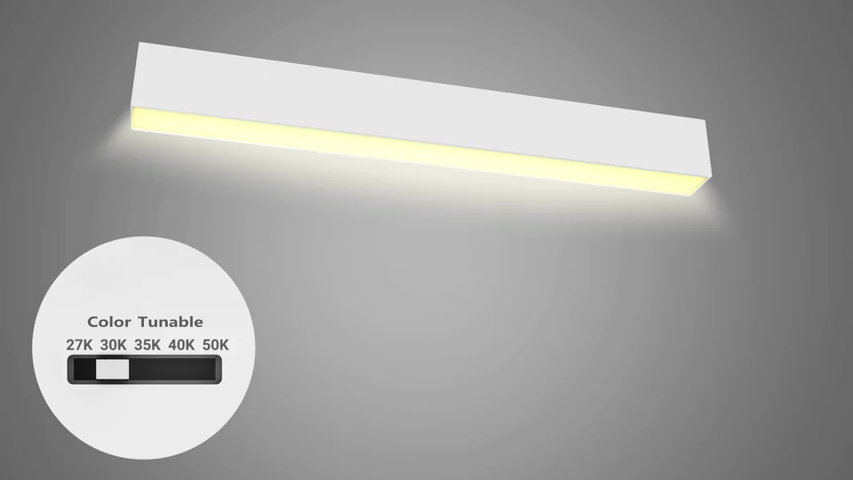 Lara pendant fixture lit at 2700-Kelvin warm color temperature with a five-step CCT picker callout floating beside it, illustrating the 5-CCTselect range from hospitality-warm to healthcare-cool field-tunable on a single SKU
