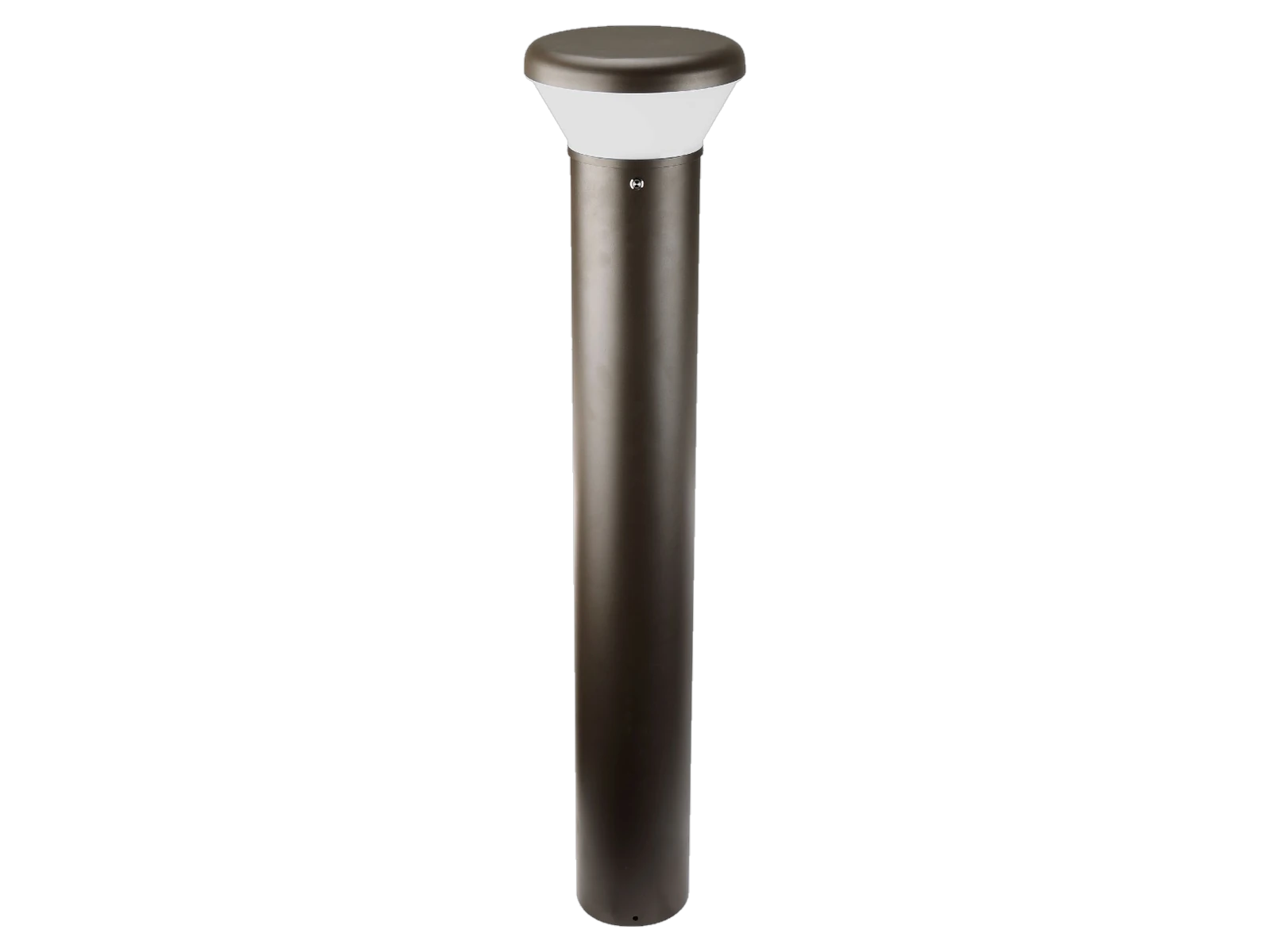 Sentry LBOL bollard, Dark Bronze finish — full elevation showing Dome Top crown, frosted optic aperture, and cylindrical shaft