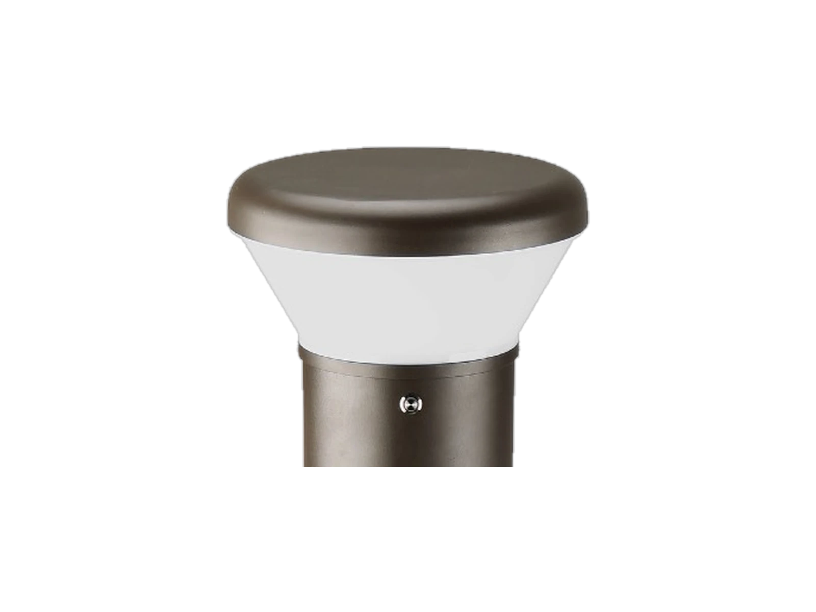 Sentry LBOL bollard — crown close-up showing the Dome Top cap, frosted atomization lens, and 360-degree optical aperture