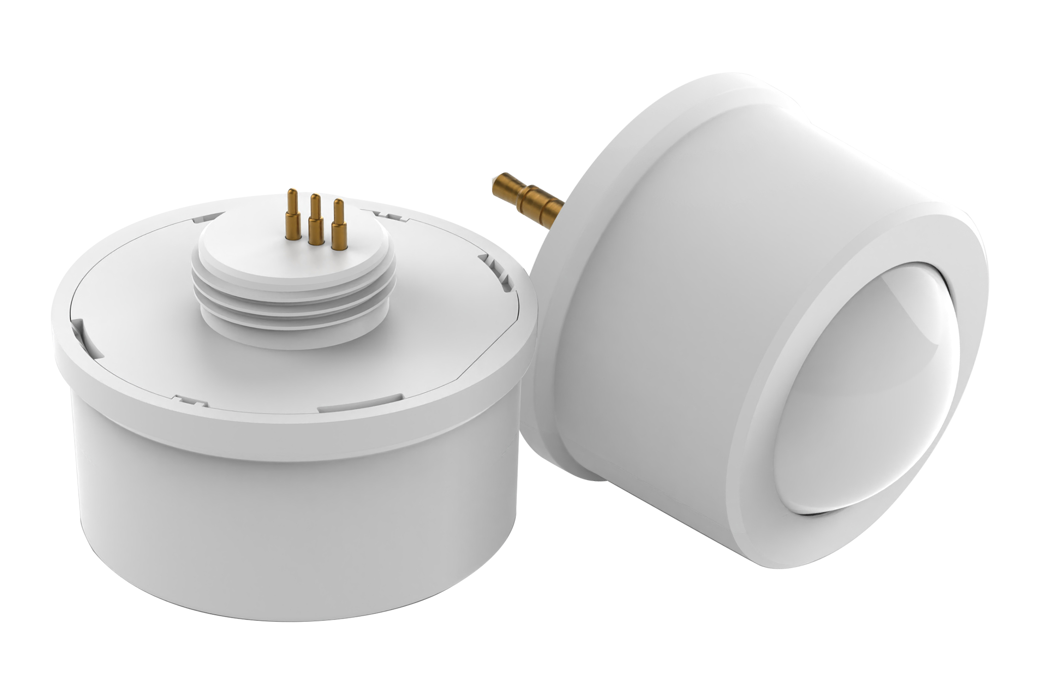 Liberty contrⒶLS by ⒶCS sensor module — two-piece socket + dome assembly · same physical hardware as SILVAIR · ⒶCS firmware drives Bluetooth Mesh + cloud SaaS analytics · DLC NLC application in flight