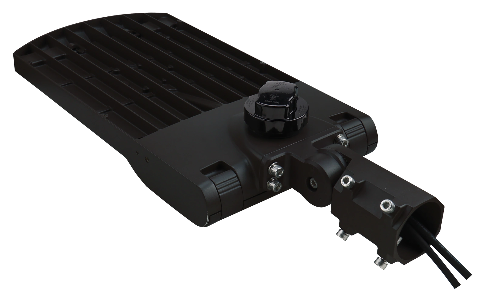 Liberty Series — detail of the die-cast hinge driver access panel and 3-position WATTSELECT plus 3-position CCTSELECT field-set DIP switches