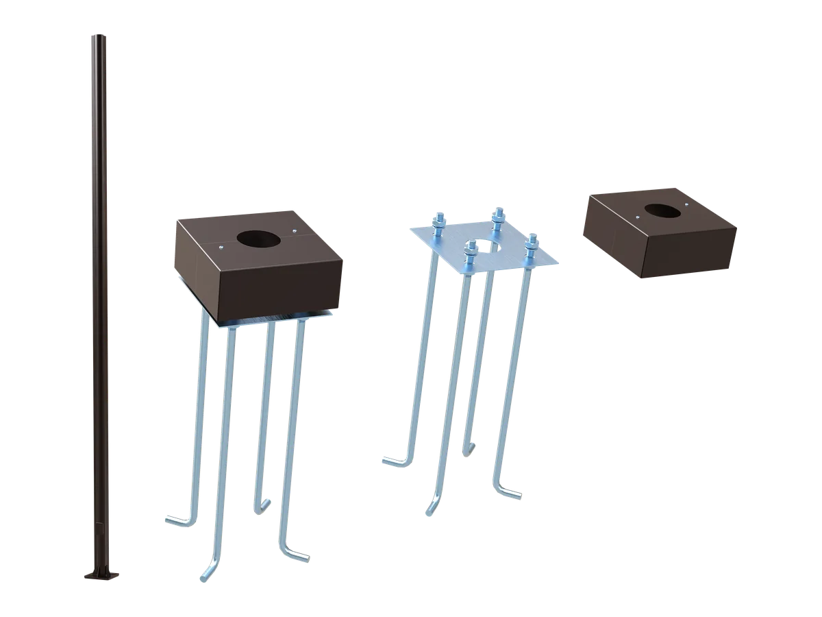 An LP round anchor base pole with its anchor bolts, positioning plate and two-piece base cover