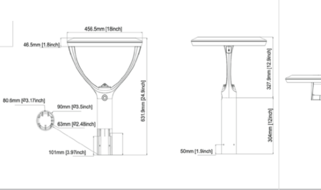 Symmetry-Series Pole Mount dimensions — 456.5mm (18 inches) wide hood × 631.9mm (24.9 inches) tall front profile · 327.9mm (12.9 inches) side profile · 304mm (12 inches) to fitter junction · post fitter 80.6mm outer 3.17 inches and 63mm 2.48 inches inner with 101mm 3.97 inches base · fits 2-3/8 inch (60mm) tenon · EPA 0.34 sq ft