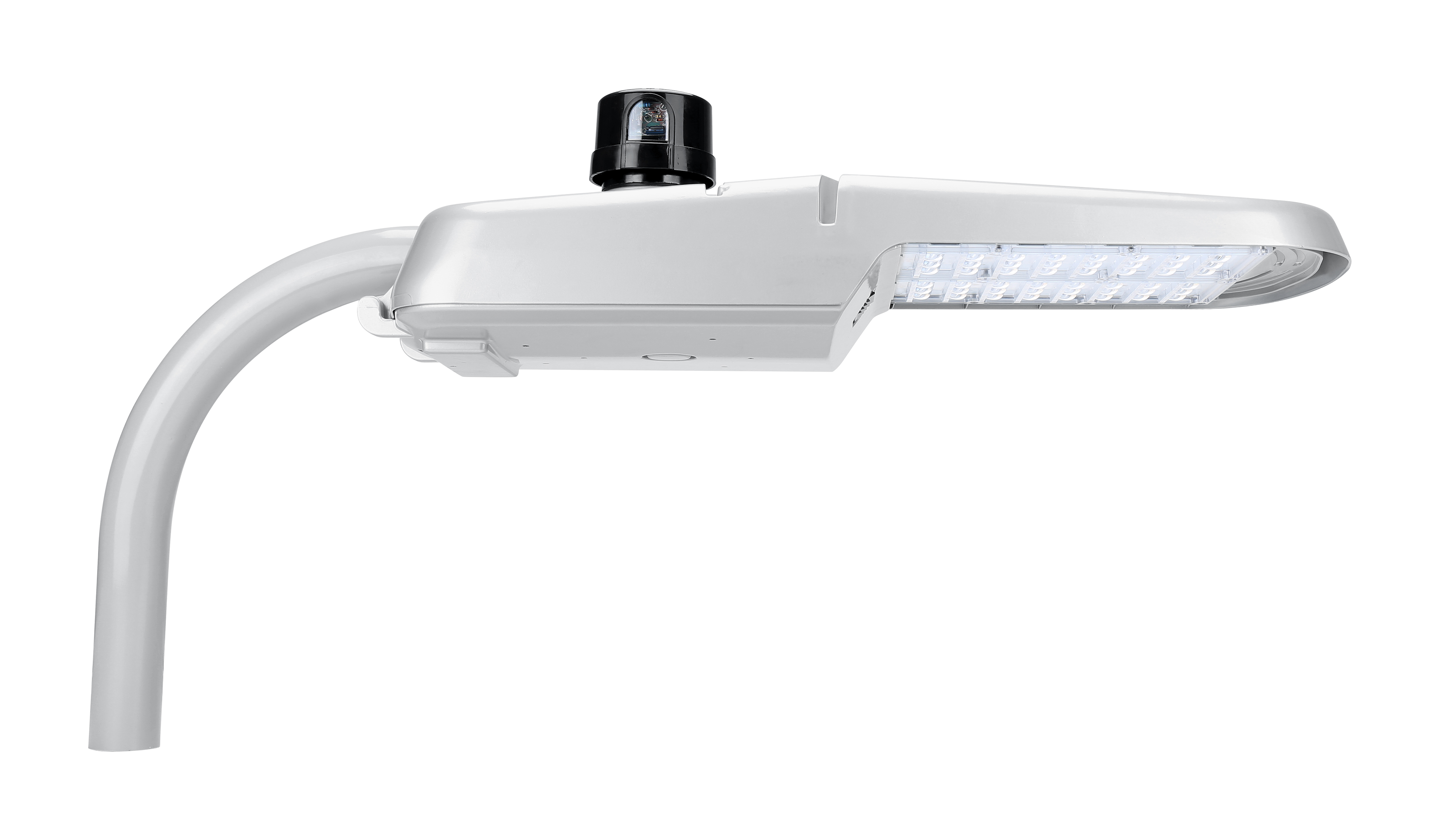 LRDW Abbey — Silver finish · side-angle view emphasizing photocell receptacle, access door latch, and mast-arm engagement
