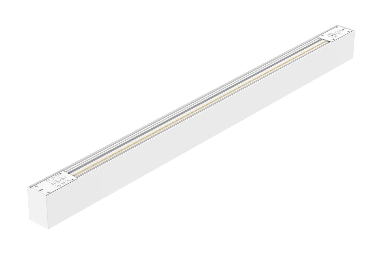 Luna architectural linear fixture from the back-mount perspective showing the VersaⒶRCH universal-mount platform that supports pendant suspension, surface mount, wall mount, and recessed installation from a single SKU platform