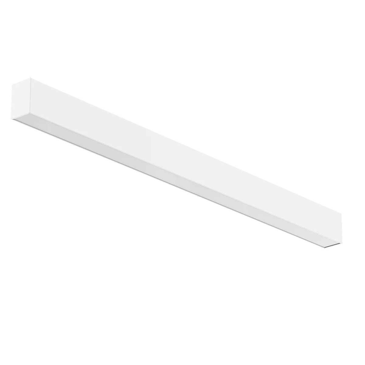 Luna architectural linear pendant viewed from below showing the diffuser face that delivers CRI greater than 90 standard color rendering and UGR less than 22 visual comfort with appropriate optical selection — both spec-grade quality dimensions published on the bid sheet
