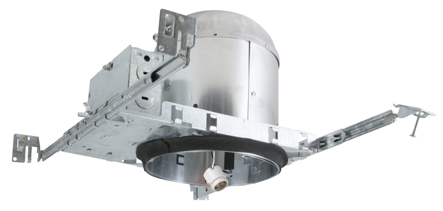CRC Gehry detail view — J-Box with through-branch wiring, TP24 Quick Connectors INCLUDED, 4× 1/2″ knockouts + 1× 3/4″ KO + 4× Romex knockouts with strain clamps