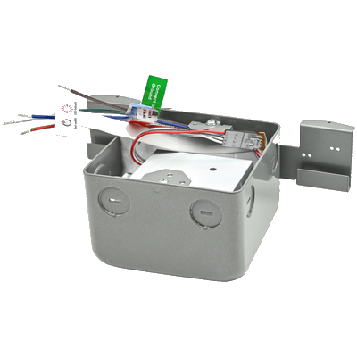 constⒶNT CRCU-EM24/JBM — 24W J-Box quick-install emergency LED driver, gray metal J-Box with wires + Test switch + Connect-to-Ground tag, UL 924 listed, 90-min runtime