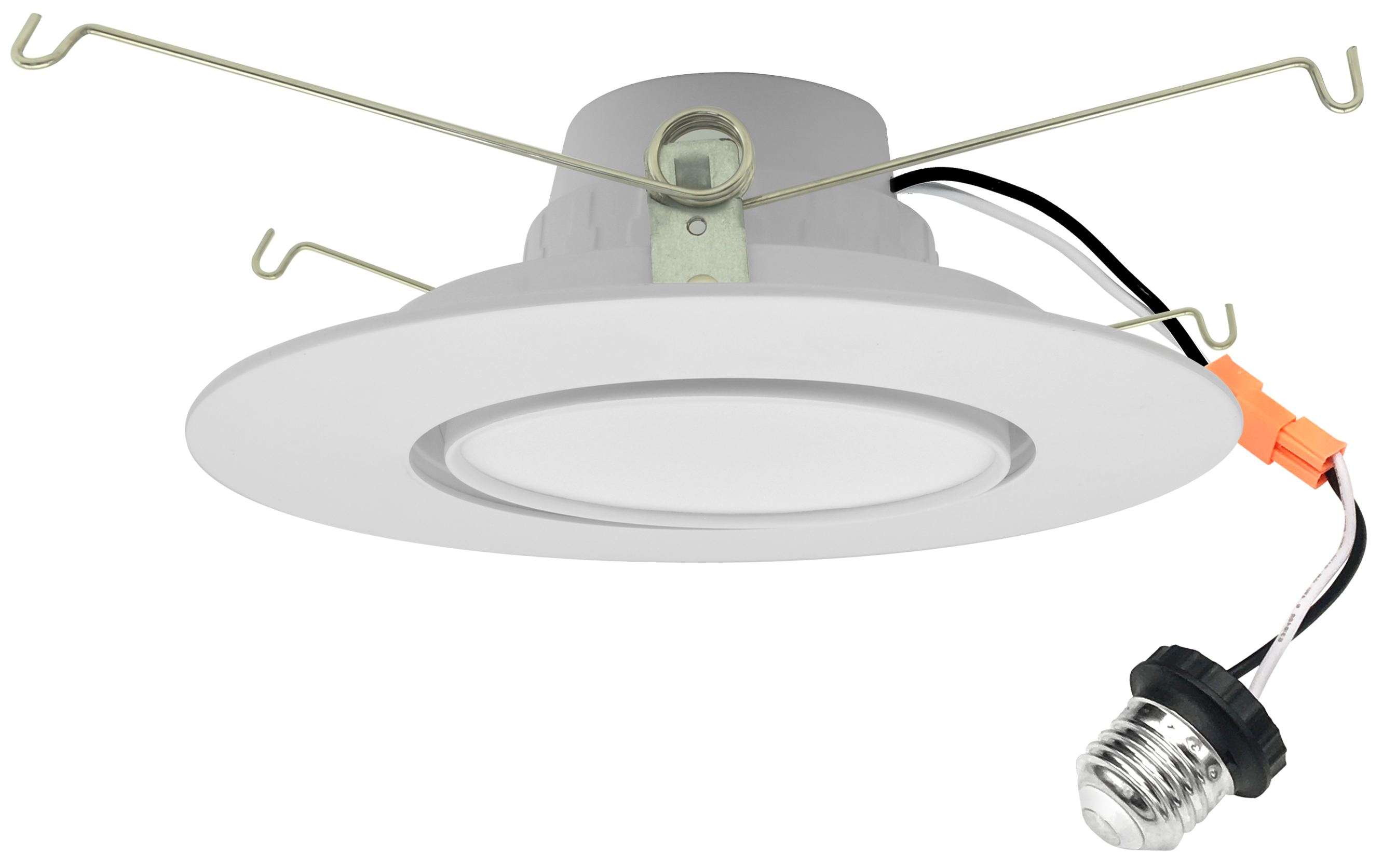 LDGR Orbit-I — 6″ retrofit gimbal downlight, white finish, front 3/4 hero showing gimbal disc + frosted PC lens