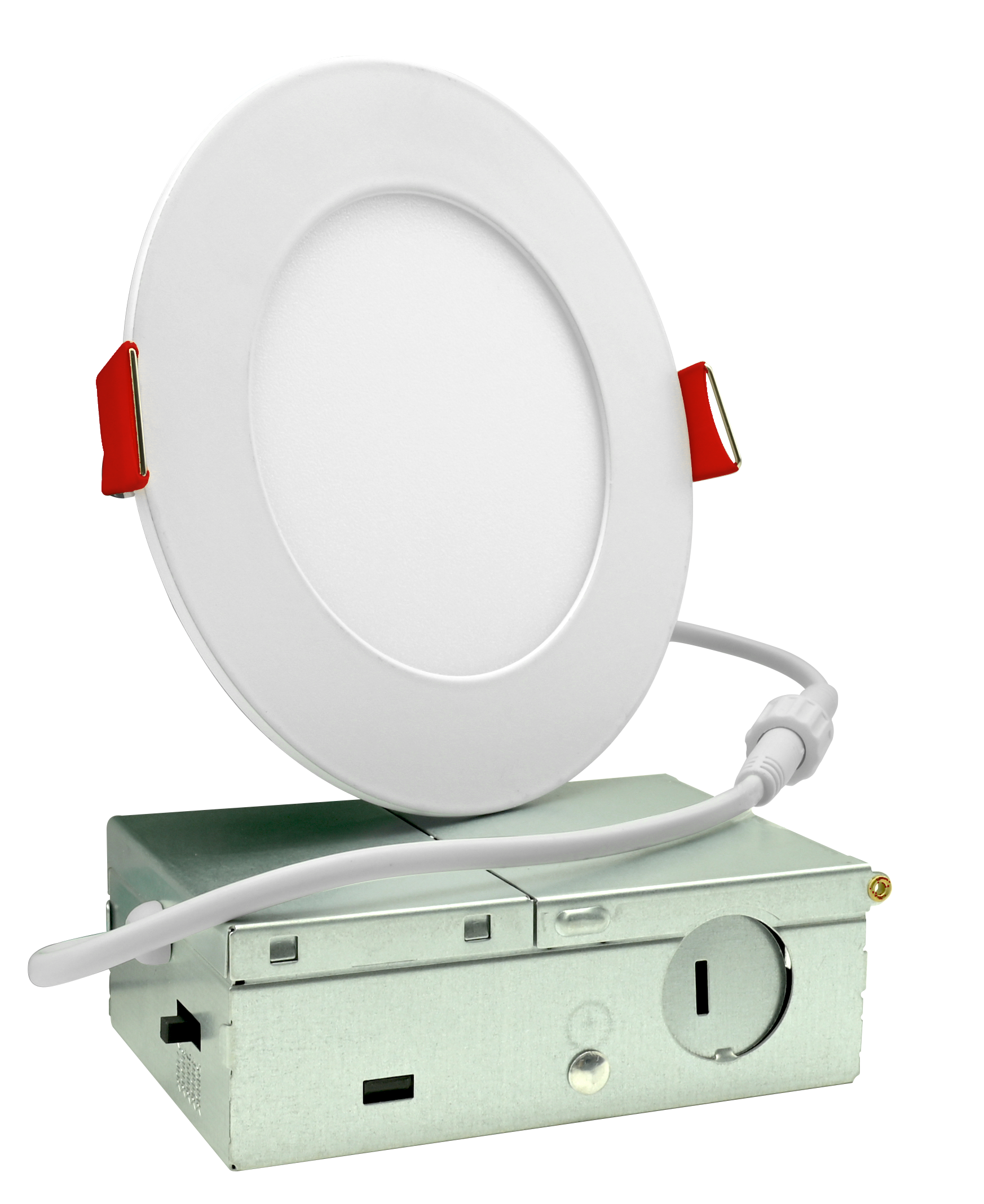 LDRS409-R2S5F Radius-II — 4″ wafer in installed context showing edge-lit even distribution from the PMMA optic, recessed flush to the ceiling, ideal for multifamily corridors and common areas