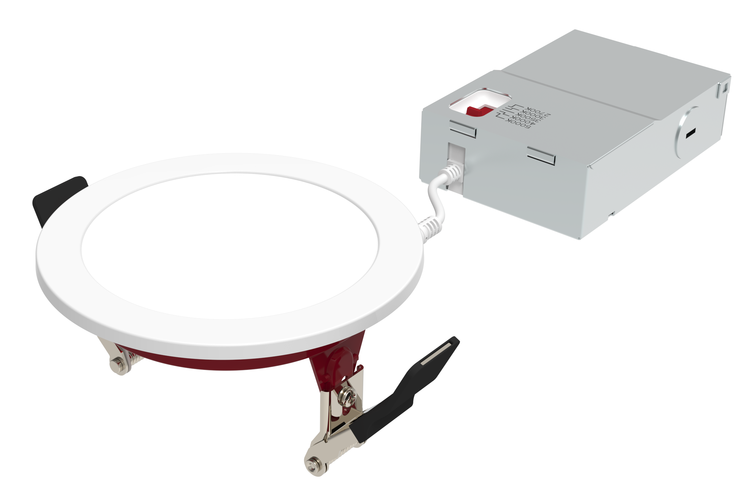 LDRS411-RSZ5/F Radius SafeZone — 4″ 2-hour fire-rated wafer in white, 11W / 957 lm at 4000K, front view showing the centered edge-lit PMMA lens and integrated rated aluminum housing