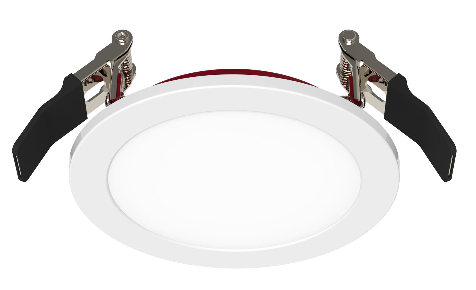 LDRS411-RSZ5/F Radius SafeZone — 4″ wafer in installed context showing edge-lit 110° even distribution from the PMMA optic, recessed flush into a fire-rated ceiling assembly, ideal for multifamily rated corridors, stairwells, and bath wet locations