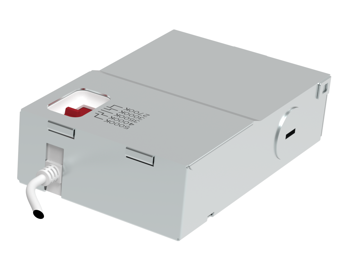 Radius SafeZone Plug-n-Play J-Box system — exploded view showing the 6″ wafer disk + remote driver J-Box with electronically isolated 5-CCTselect dip switch on the J-Box face (set CCT before the disk seats into the UL 263 rated penetration)