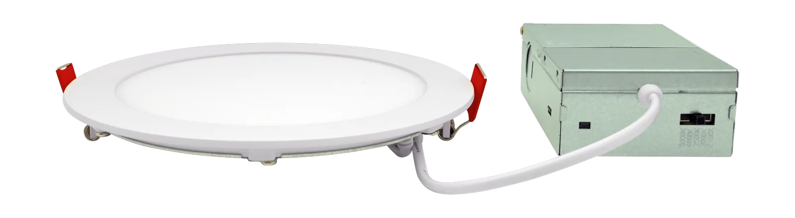 Radius downlight in profile with its J-box, the configured catalog number