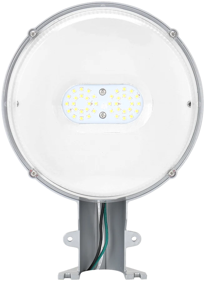 luxoⒶRCH dusk-to-dawn area light — silver finish, integrated photocell head, mounting arm, paired with Pathfinder for rural and agricultural canopy installs