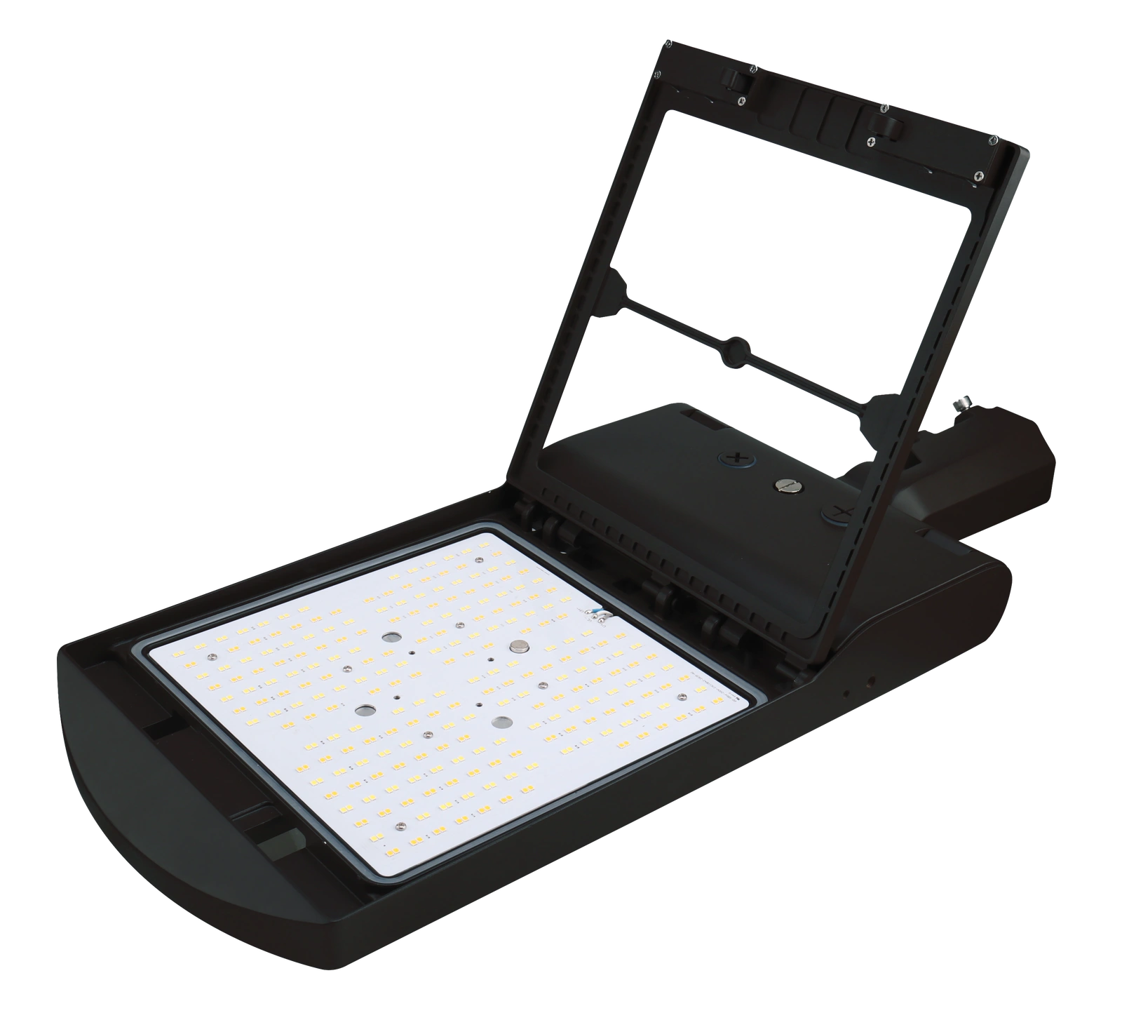 luxoⒶRCH Liberty — PRO-tier LSBX shoebox area light, dark bronze finish, slip-fitter pole mount, magnetic-swap optic