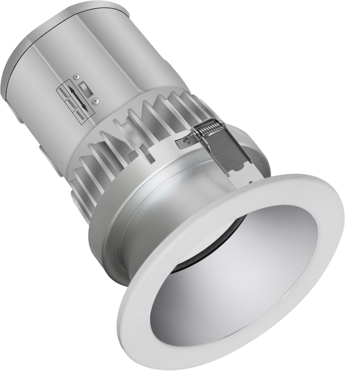 LCDL Spectra · 4-inch round aperture · assembled view showing integrated J-Box + die-cast aluminum housing + deeply regressed matte diffuser