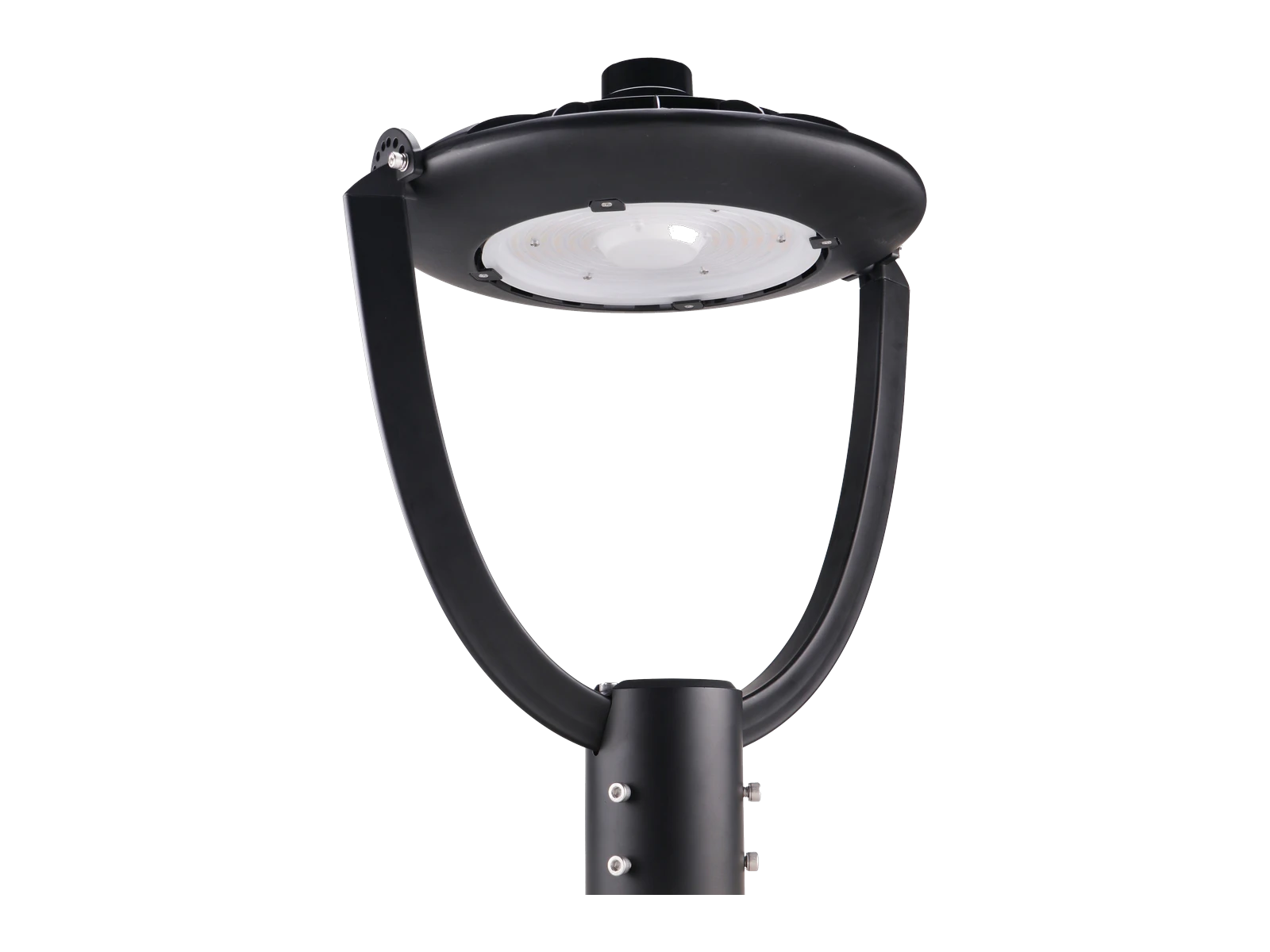 Unity-I preview — black finish, 3/4 angle showing cantilever arch and frosted glass cap