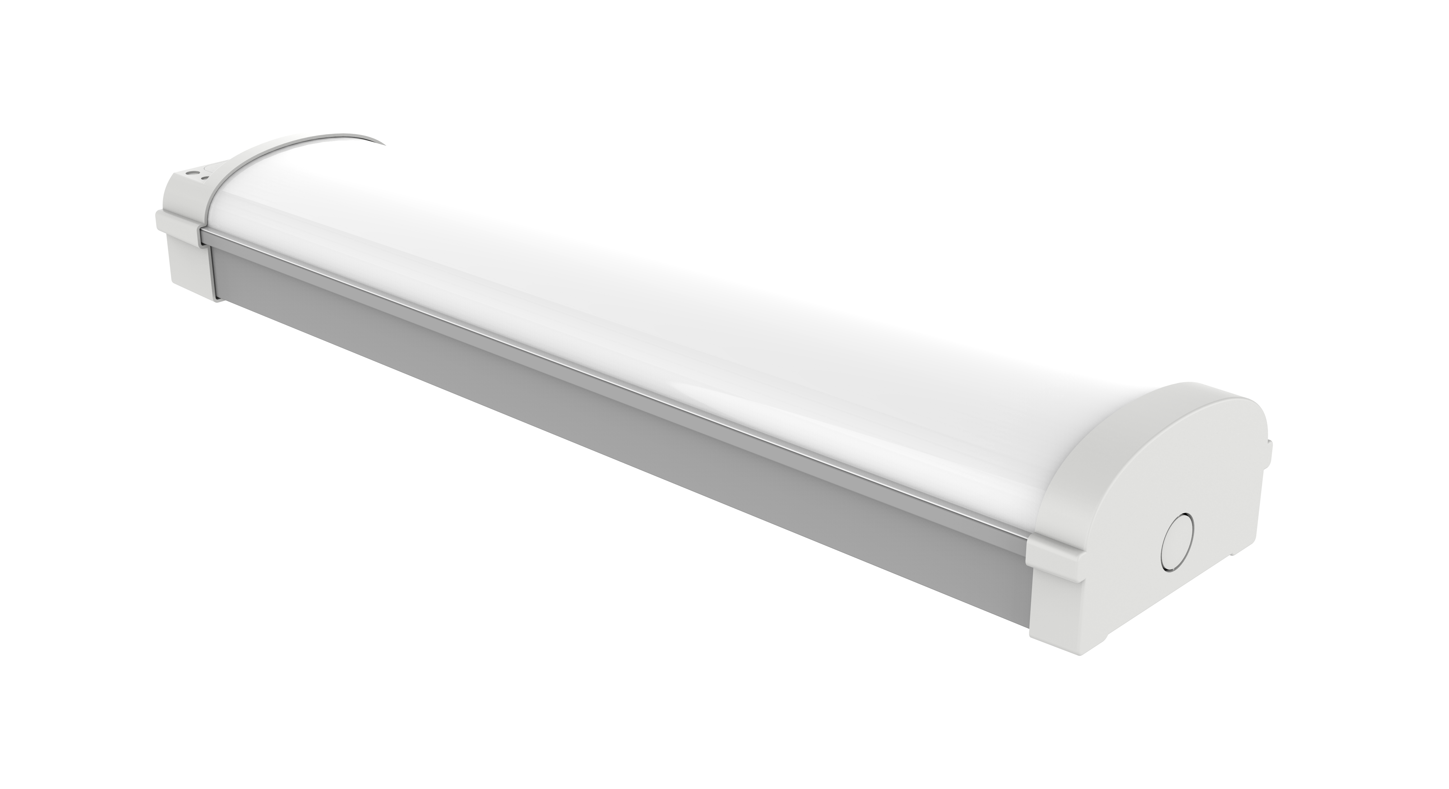 LWRL Waymark LWRL2-2035CS · 2-foot linear stairwell/wraparound luminaire · front 3/4 angle showing the snap-in sensor mount and the dip-switch driver compartment